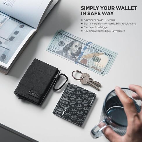 VULKIT Slim Wallet for Men and Women, Pop up Credit Card holder Metal Case RFID Blocking with Keychain and Elastic Pocket (Black) in Saudi Arabia