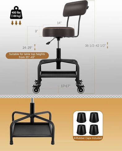 Shop Stool with Lockable Rubber Wheels Adjustable Backrest Tool Tray Storage 400 lb Capacity Rolling Garage Stool (Grey) in Saudi Arabia