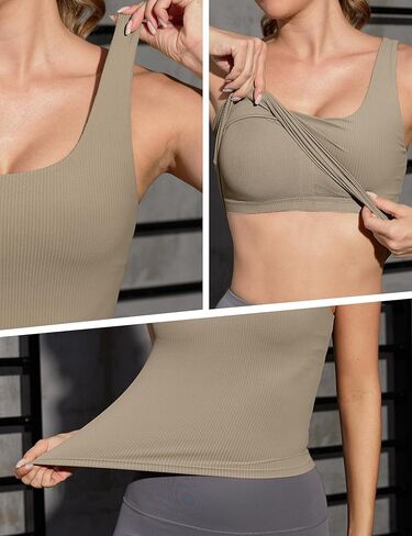 Ribbed Workout Tank Tops for Women with Built in Bra Padded Scoop Neck Slimming Athletic Tank Top in Kuwait