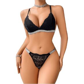 SOLY HUX Women's Lace Glitter Lingerie Set Wireless Bra and Panty Underwear Sets