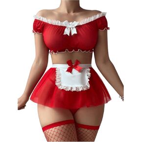 WDIRARA Women's 5 Piece Mesh Lace Trim Lingerie Set Bow Decor Frill Trim Bra Mini Skirt Thong with Stockings