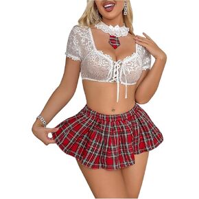 MakeMeChic Women's 4 Piece Lingerie Sets Floral Lace Up Bra and Thongs Set with Plaid Skirt and Choker