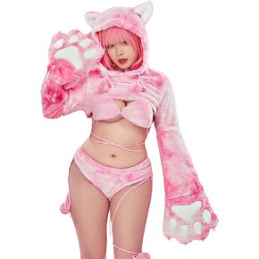 Women Cosplay Pajamas Set Pink Furry Hoodie Top Panty with Cat Paw Claws Sleeves Homewear