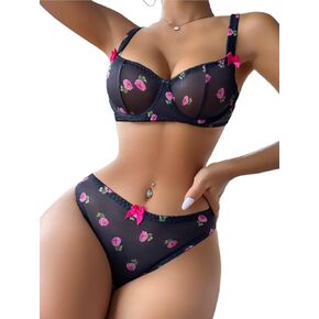 SOLY HUX Women's Floral Print Mesh Lingerie Set Underwire Bra and Panty Sets