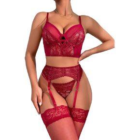 Women's Sexy Lingerie with Waist Garter Embroidered Lace Flower Bra and G-String 4 Piece Lingerie Sets