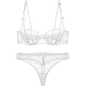 Lace Bra and Panty Set for Women Cute Bow Push Up Balconette Demi-Cup Thong Matching Sheer Lingerie Set