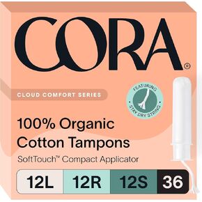 Cora Organic Applicator Tampon Multipack | 18 Light, 36 Regular, 18 Super Absorbency| 100% Organic Cotton, Unscented, BPA-Free Compact Applicator | Leak Protection | Packaging May Vary | 72 Total