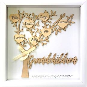 Tasse Verre 12x12 Grandchildren Shadow Box Kit - Family Tree Gift for Grandparents Grandma Grandpa with 7 Hearts and 40 Gems. Gift for Grandparents Grandchild Grandkid Nana Mimi Mothers Day
