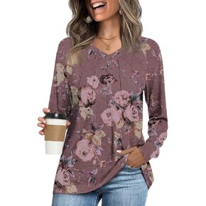 LAOLASI Long Sleeve Shirts for Women Fall Tops Casual Dressy Blouses Fashion Pleated 2024 V Neck Tunic Tops for Leggings