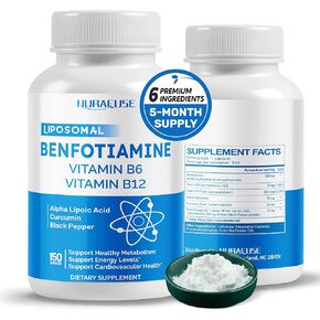 Liposomal Benfotiamine 600mg with Vitamin B6, Vitamin B12, Alpha Lipoic Acid, Curcumin - Support Healthy Metabolism, Energy Levels- Made and Tested in The USA