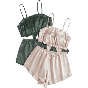 Verdusa Women's 4 Piece Satin Pajama Sets Ruffle Bowknot Crop Camisole Top and Shorts Set