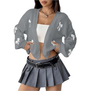 MakeMeChic Women's Cherry Cute Cardigan Cable Knit Lantern Sleeve Open Front Lightweight Cropped Cardigan Sweaters