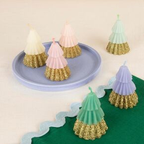 Meri Meri Green Tree Mini Christmas Candles (Pack of 6), Unscented, 2.5" Tall, Gold Glitter, Decorative Candles, Long Lasting Candles Burn Approx 1.2 Hours