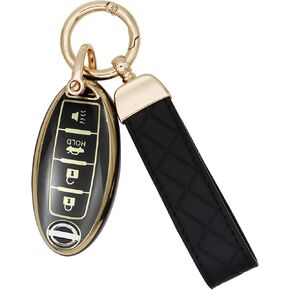 SUNCARACCL for Nissan Key Fob Cover with Leather Keychain, Soft TPU Full Protection Key Case Shell for Nissan Altima Maxima Rogue Armada Pathfinder Smart Key 4 Buttons (White)