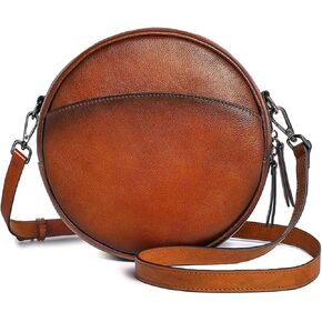 COOLCY Leather Crossbody Bags for Women, Circle Purse Shoulder Bag, Fashion Round Handbag for Travel, 2 Adjustable Strap