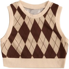 SweatyRocks Girl's Argyle Plaid Sweater Vest Sleeveless Crew Neck Knitted Crop Tank Top