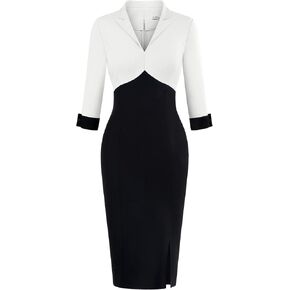 MUXXN Women's Vintage 3/4 Sleeve V Neck Midi Colorblock Business Formal Work Bodycon Pencil Dresses