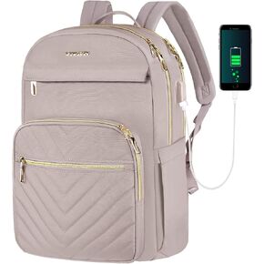 VANKEAN 15.6 Inch Laptop Backpack for Women Work Bag Fashion with USB Port, Waterproof Stylish Travel Bags Casual Daypacks for College, Business, Light Dusty Pink