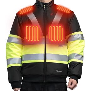 Mens Heated Safety Jacket, 12V 16000mAh Battery, 4-9H Heating, 2'' 3M Reflective Material Hi-Vis Bomber Jacket