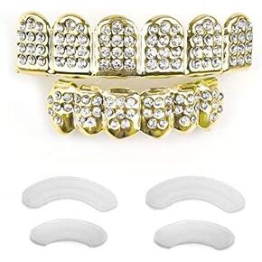 New Custom Fit 14k Plated Gold Diamonds Grillz - Excellent Cut for All Types of Teeth_6pcs Top and Bottom Grill Set