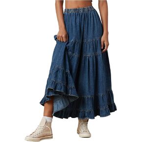 Women's Swing Chambray Maxi Skirt Elastic Waist Pleated Tiered Flowy Long Skirts Retro Denim Skirt