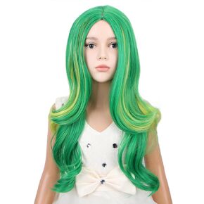 Kids Green Wig Child Green Mixed Yellow Wavy Curly Long Wig Girls Middle Part Synthetic Long Wigs with Wig Cap