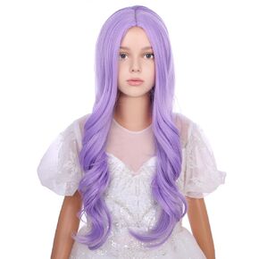 Kids Light Purple Wig Girls Lavender Wig Long Wavy Curly Wig for Child Kids Cosplay Wig Synthetic Wigs with Wig Cap