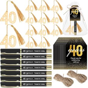 Spakon 50 Set 50th 60th Birthday Souvenirs for Guest Anniversary Party Favor Golden Bookmark Thanks for Coming Pen with Tags