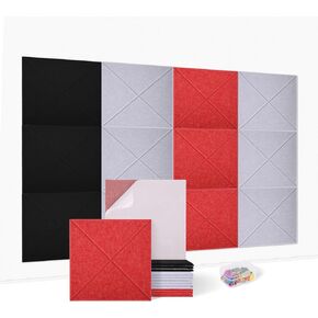 Large Cork Board Substitute 12 Pcs Felt Wall Tiles with Safe Removable Adhesive Tabs 48 x36 inch Slat Wall Paneling for Home Office Kitchen, Bulletin Board Soundproof Wall Tiles(Black+Red+Gray)