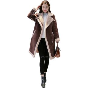 Women’s Brown Leather Coat Genuine Suede Sherpa Shearling Faux Fur Lined Winter Warm Thick Double Breasted Long