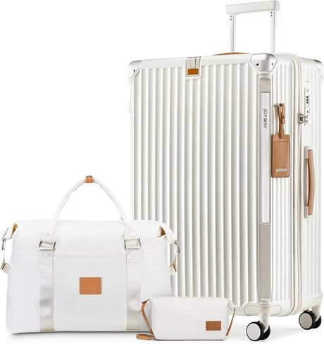 Joyway 20in Carry On Luggage with Cup Holder and USB Port, 20% Expandable Capacity, Smart Luggage Set with Anti-Slip Wheels and Handbag, Perfect for Men and Women - 3 Piece Set White in Kuwait
