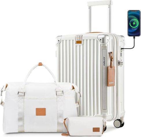 Joyway 20in Carry On Luggage with Cup Holder and USB Port, 20% Expandable Capacity, Smart Luggage Set with Anti-Slip Wheels and Handbag, Perfect for Men and Women - 3 Piece Set White in Kuwait