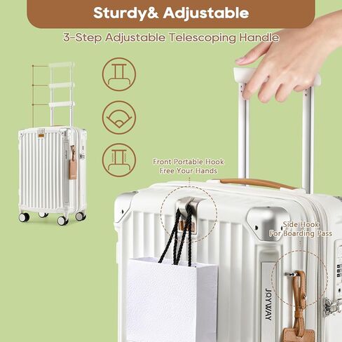 Joyway 20in Carry On Luggage with Cup Holder and USB Port, 20% Expandable Capacity, Smart Luggage Set with Anti-Slip Wheels and Handbag, Perfect for Men and Women - 3 Piece Set White in Kuwait