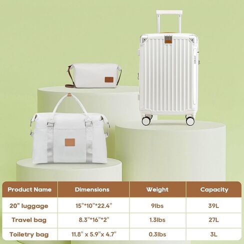 Joyway 20in Carry On Luggage with Cup Holder and USB Port, 20% Expandable Capacity, Smart Luggage Set with Anti-Slip Wheels and Handbag, Perfect for Men and Women - 3 Piece Set White in Kuwait