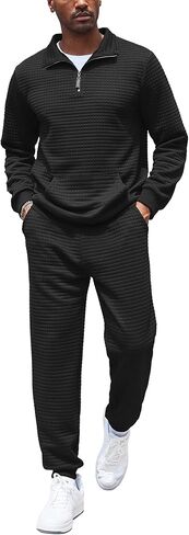 COOFANDY Men's Tracksuit 2 Piece Quarter Zip Sweatsuit Workout Plaid Jacquard Jogging Suit Set in Kuwait