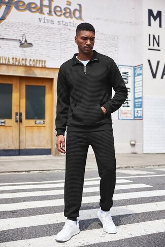COOFANDY Men's Tracksuit 2 Piece Quarter Zip Sweatsuit Workout Plaid Jacquard Jogging Suit Set in Kuwait