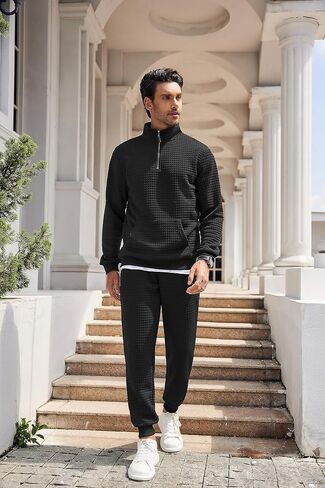 COOFANDY Men's Tracksuit 2 Piece Quarter Zip Sweatsuit Workout Plaid Jacquard Jogging Suit Set in Kuwait