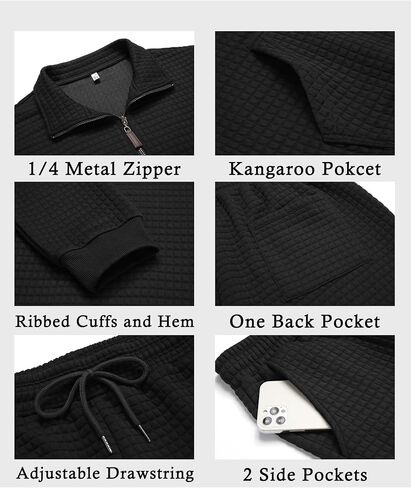 COOFANDY Men's Tracksuit 2 Piece Quarter Zip Sweatsuit Workout Plaid Jacquard Jogging Suit Set in Kuwait