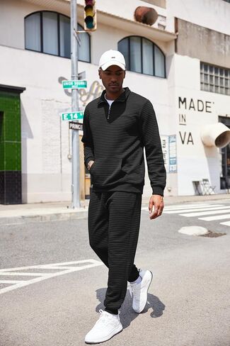 COOFANDY Men's Tracksuit 2 Piece Quarter Zip Sweatsuit Workout Plaid Jacquard Jogging Suit Set in Kuwait