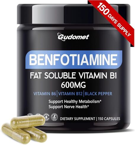 Benfotiamine 600mg – Fat-Soluble Vitamin B1 with B6, B12 & Black Pepper – Supports Healthy Metabolism & Nerve Health -150 Capsules- Made in USA in Saudi Arabia