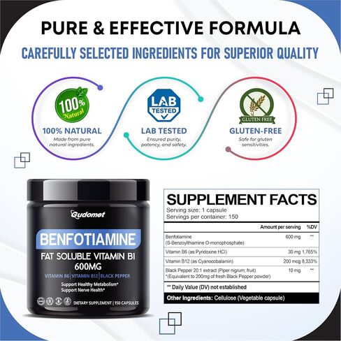 Benfotiamine 600mg – Fat-Soluble Vitamin B1 with B6, B12 & Black Pepper – Supports Healthy Metabolism & Nerve Health -150 Capsules- Made in USA in Saudi Arabia