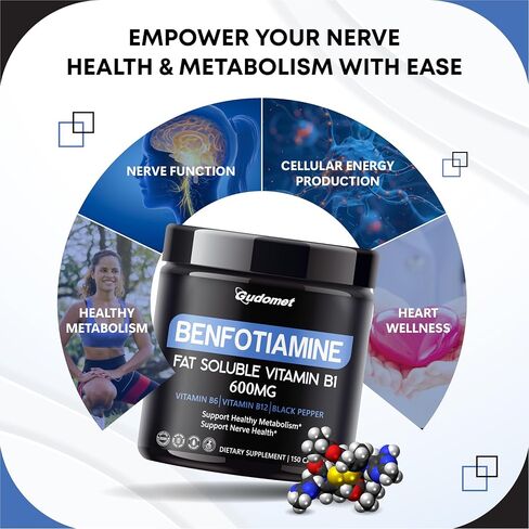 Benfotiamine 600mg – Fat-Soluble Vitamin B1 with B6, B12 & Black Pepper – Supports Healthy Metabolism & Nerve Health -150 Capsules- Made in USA in Saudi Arabia