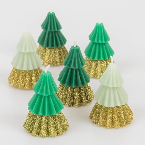 Meri Meri Green Tree Mini Christmas Candles (Pack of 6), Unscented, 2.5" Tall, Gold Glitter, Decorative Candles, Long Lasting Candles Burn Approx 1.2 Hours in Kuwait