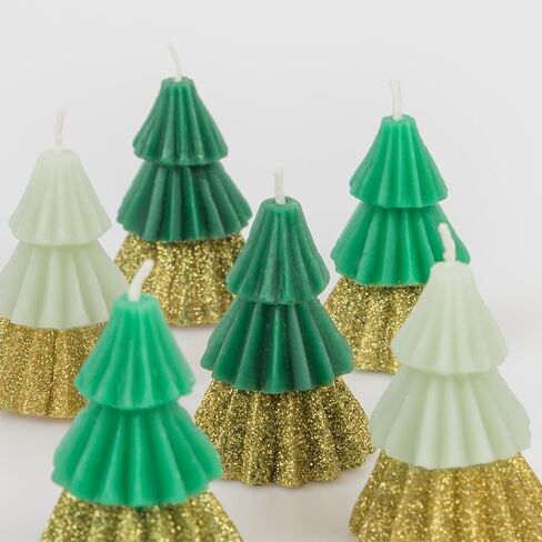 Meri Meri Green Tree Mini Christmas Candles (Pack of 6), Unscented, 2.5" Tall, Gold Glitter, Decorative Candles, Long Lasting Candles Burn Approx 1.2 Hours in Kuwait