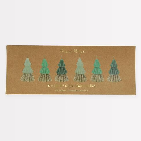 Meri Meri Green Tree Mini Christmas Candles (Pack of 6), Unscented, 2.5" Tall, Gold Glitter, Decorative Candles, Long Lasting Candles Burn Approx 1.2 Hours in Kuwait