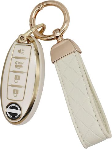 SUNCARACCL for Nissan Key Fob Cover with Leather Keychain, Soft TPU Full Protection Key Case Shell for Nissan Altima Maxima Rogue Armada Pathfinder Smart Key 4 Buttons (White) in Saudi Arabia