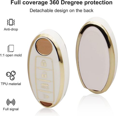 SUNCARACCL for Nissan Key Fob Cover with Leather Keychain, Soft TPU Full Protection Key Case Shell for Nissan Altima Maxima Rogue Armada Pathfinder Smart Key 4 Buttons (White) in Saudi Arabia