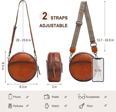 COOLCY Leather Crossbody Bags for Women, Circle Purse Shoulder Bag, Fashion Round Handbag for Travel, 2 Adjustable Strap in Saudi Arabia
