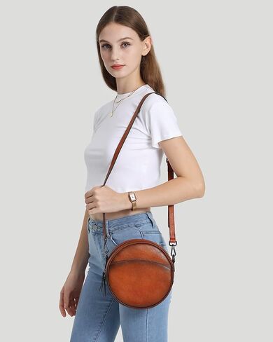 COOLCY Leather Crossbody Bags for Women, Circle Purse Shoulder Bag, Fashion Round Handbag for Travel, 2 Adjustable Strap in Saudi Arabia