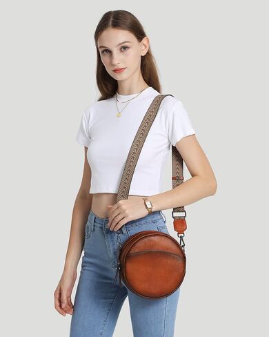 COOLCY Leather Crossbody Bags for Women, Circle Purse Shoulder Bag, Fashion Round Handbag for Travel, 2 Adjustable Strap in Saudi Arabia